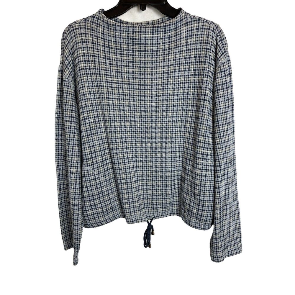 Vintage Liz & Co Blue Houndstooth Drawstring Hem Knit Top with Pockets Size L